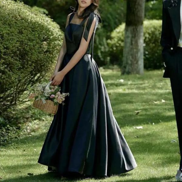 Черные простые свадебные платья для женщин, модные элегантные атласные бретельки трапециевидной формы Abiti Da Sposa, длинные вечерние 240329