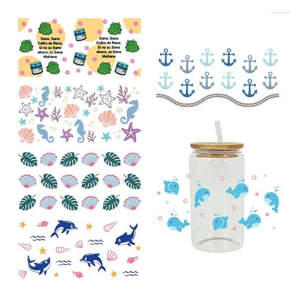 Adesivos de janela UV DTF Transfer Adesivo Marine Life Dolphin para os 16oz Libbey Óculos Envolve Garrafas Copo Pode DIY Decalques Personalizados À Prova D 'Água