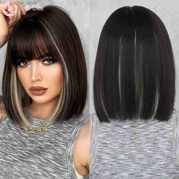 Synthetische Perücken 7Jhhwigs schwarz mit weißen Bob -Perücken mit Pony Short Straight Perücken für Frauen Highlights Wig Cosplay Party Blackpink Korea Perücken Y240401