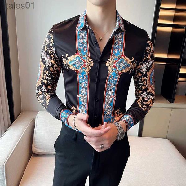 Erkek artı tees polos marka tasarımcısı erkekler çiçek gömlek elbise lüks paisley baskı uzun kollu rahat gömlek bluz homme moda barok erkek giyim yq240401