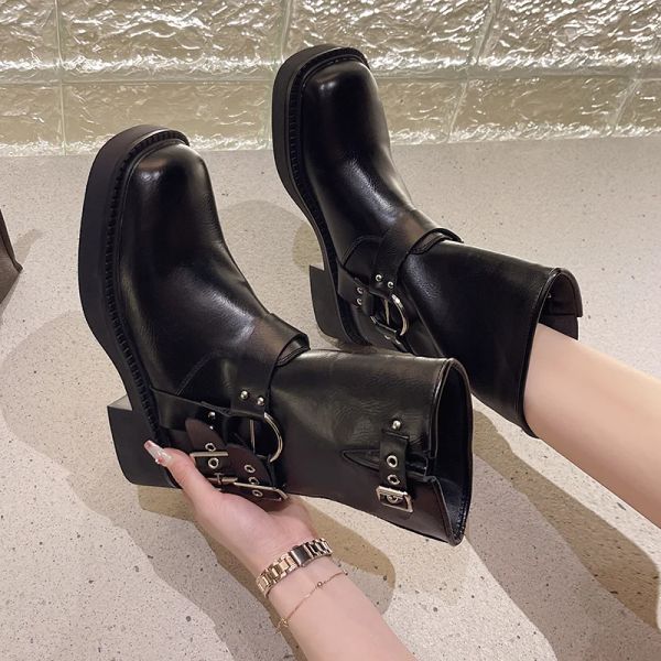 Bot yeni kadın ayak bileği botları vintage deri yuvarlak ayak parmağı batı kovboy botları tasarımcı punk biker boot zapatilla mujer