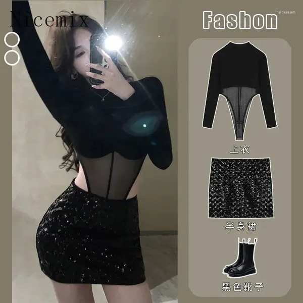 Vestidos de trabalho saias conjunto feminino primavera irregular meia gola alta malha bodysuit sexy topo hip envoltório saia curta duas peças outfits