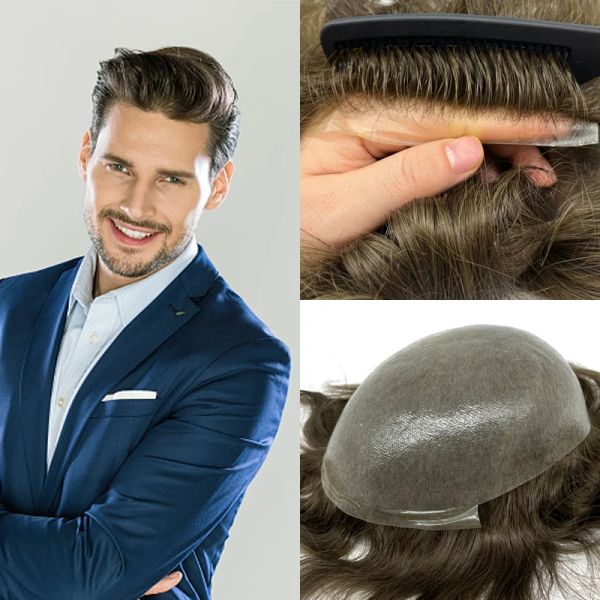 Toupet Pelle su tutta la superficie Toupee Durevole Alta qualità Pu Pelle Base Uomo Toupee 100% capelli umani Ttoupee Uomo