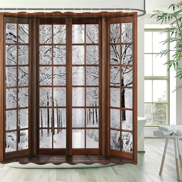 Cortinas de chuveiro Winter floresta marrom janela parque neve natureza paisagem poliéster pano lavável decoração de cortina de banheiro com ganchos