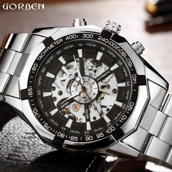 Set Sier Gold Automatic Mechanical Men Watch Scheletro in acciaio inossidabile Orologio da vento orologio da uomo Big Orologio Relogio Masculino