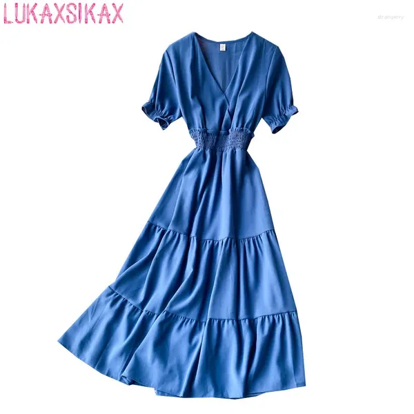 Partykleider LUKAXSIKAX Sommer Frauen Sexy V-Ausschnitt Kurzarm Elastische Taille Dünnes Kleid Retro Einfarbig Big Hem Elegant