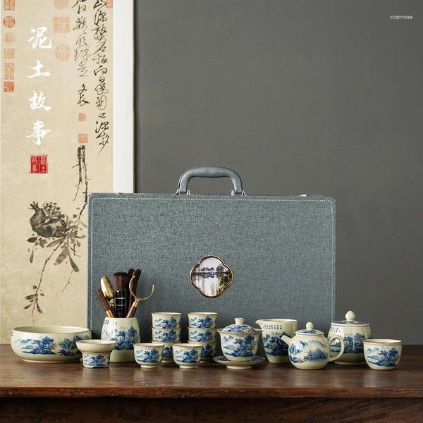 Set da tè Set da tè bianco grasso opaco Set regalo fiera con filtro Gaiwan disegnato a mano in porcellana blu nebbioso
