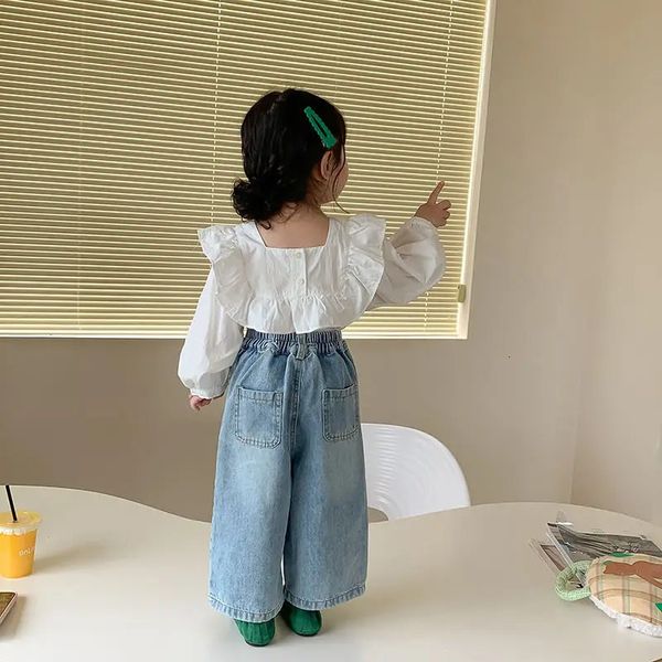 17Y Kleinkind Mädchen Frühling Herbst Mädchen Kleidung Sets Revers Langarm Baumwolle Bluse Hemd Jeans Zweiteilige Set Kinder Outfits 240323