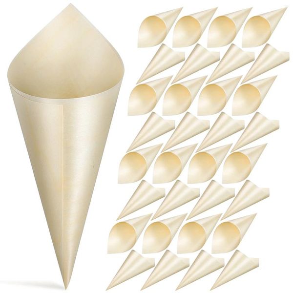 Cups usa e getta cannucce 100 pezzi con impiallacciatura con i coni di popcorn per cibi piccoli gelati mini portacerotti di plastica in legno.