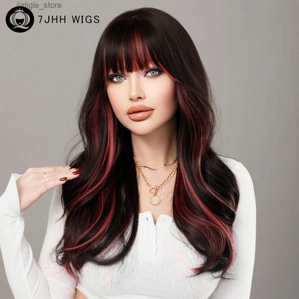 Синтетические парики 7jhh парики длинный волнистый черный парик для женщин выделяют розовые парики с челкой.