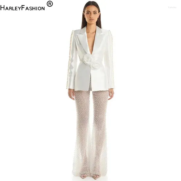 Calças femininas de duas peças 2024 primavera senhora fino acabamento beading terno sólido manga longa oco out cintura blazer transparente mulheres flared