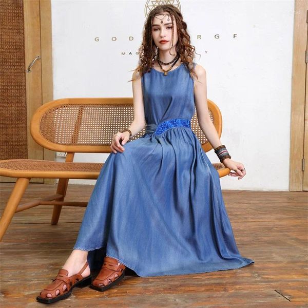 Abiti casual 2024 Moda Estate Donna Vintage Lyocell Denim Abito senza maniche O-Collo Jean Gilet femminile Lace-up Slim A-line Maxi