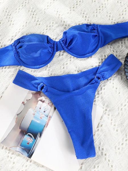 Damen-Bademode, blauer Bandeau-Bikini für Frauen, fester Badeanzug, sexy Tanga-Bikinis-Set, brasilianischer Draht-Badeanzug, Schwimmen, Strandkleidung