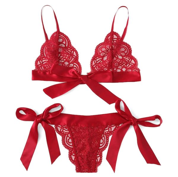 Arco flertar lingerie sexy conjunto exótico três pontos renda transparente sutiã e calcinha conjunto feminino íntimo preto vermelho conjunto de sutiã 8664864