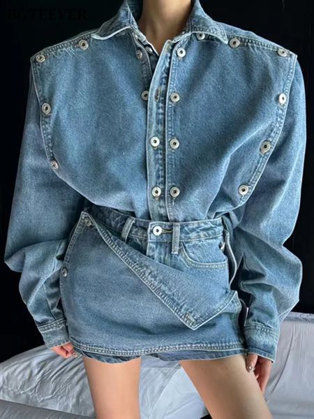 BGTEEVER Frühling Mode Damen 2 Stück Set Langarm Zweireiher Jean Jacken Mini Shorts Rock Vintage Frauen Denim Set 240326