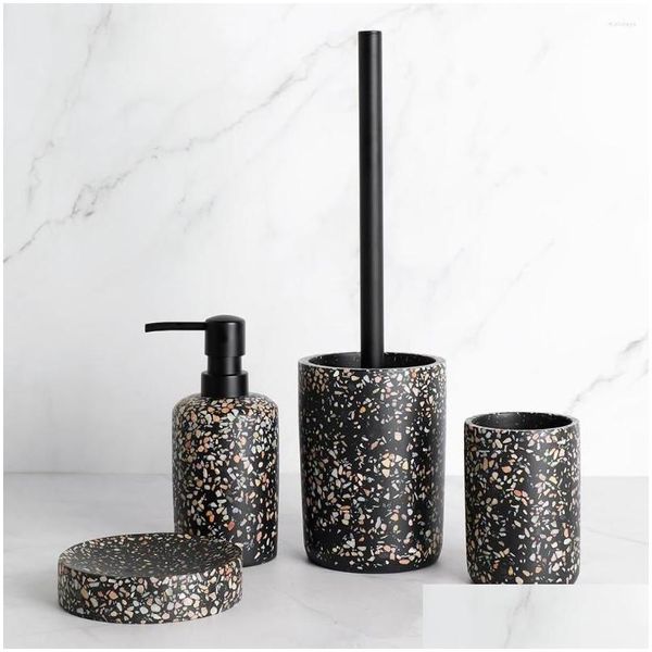 Set di accessori da bagno Set di accessori da bagno Portaspazzolino in resina di terrazzo nero Dispenser di sapone Pompa Bottiglia Tootaste Piatto Drop Deli Dhliu