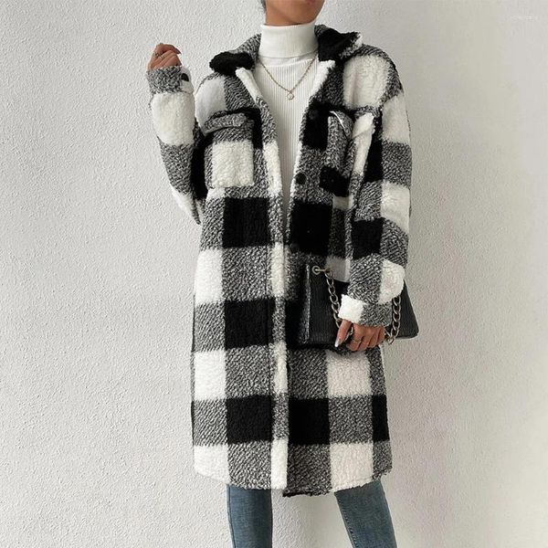 Jaquetas femininas férias senhoras inverno quente xadrez longo jaqueta shacket cardigan trench coat feminino tartan marca de verificação