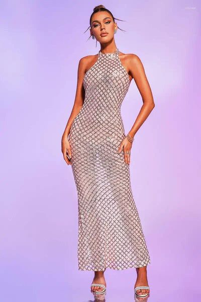 Partykleider Pailletten rückenfrei Maxikleid Frauen Sexy ärmellos Glitzer Strass Halter Perspektive Bandage Nachtclub Wear