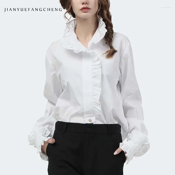 Женские блузки, элегантные женские белые хлопковые рубашки с оборками, расклешенные осенние топы с длинными рукавами 2024, свободные офисные женские размеры больших размеров, корейские