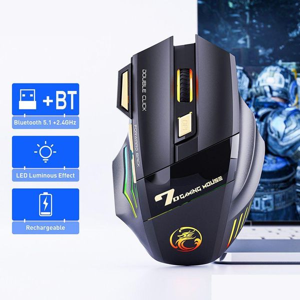 Mouse Imice Mouse da gioco wireless USB 3200 Dpi Dual Mode 2.4 Ghz Bluetooth ricaricabile 7 tasti Gioco silenzioso Led respiratorio a 7 colori X7 Dro Dhwsc