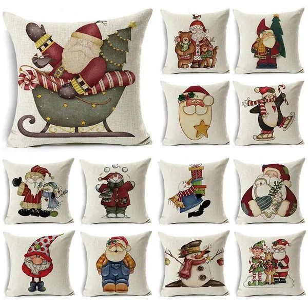 Cuscino WZH Cartone Animato Babbo Natale Federa Decorazione in Lino Copertura Regalo di Natale Adatta per Divano Auto 45 cm