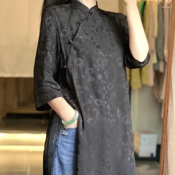Этническая одежда Cheongsam, классический черный жаккардовый топ в стиле кантри, весна-осень 2024, платье Ципао в стиле ретро