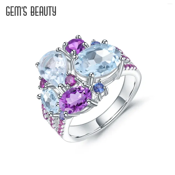 Cluster-Ringe GEM'S BEAUTY Cocktailring mit natürlichem Amethyst im Originaldesign, 925er Sterlingsilber, blauer Topas, gemischte Edelsteine, feiner Schmuck