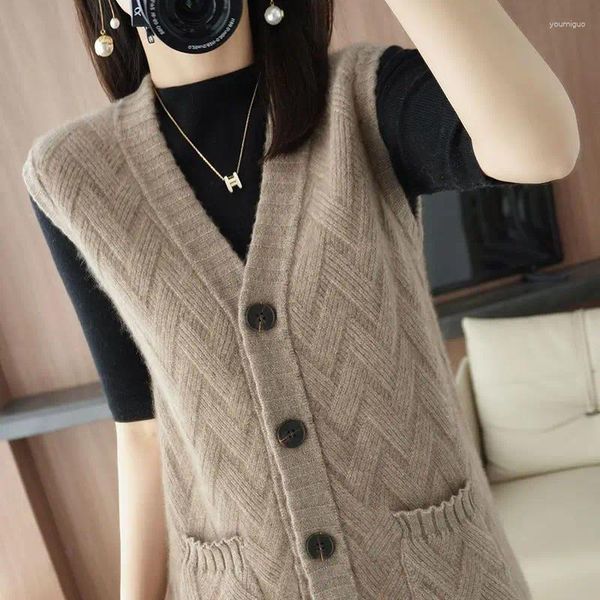 Coletes femininas 2024 S Vest Mulheres V-Pescoço Espessamento Outono e Inverno Malha Solta Sem Mangas Cardigan Sweater H142