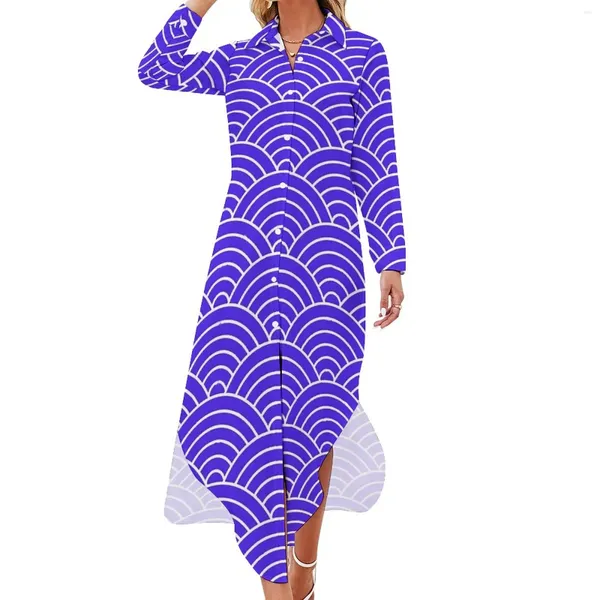 Lässige Kleider Japanisches Seigaiha Wave Chiffon Kleid Blau Niedliche Frau Langarm Koreanische Mode V-Ausschnitt Benutzerdefinierte Große Größe