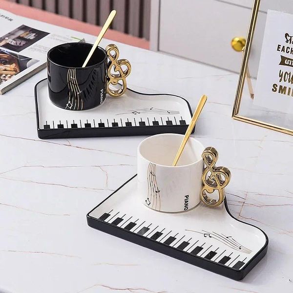 Canecas 200ml Criativo Piano Café com Placa Conjunto Caneca Cerâmica Music Handle Colher Chá da Tarde Talheres Café da Manhã Copo de Leite