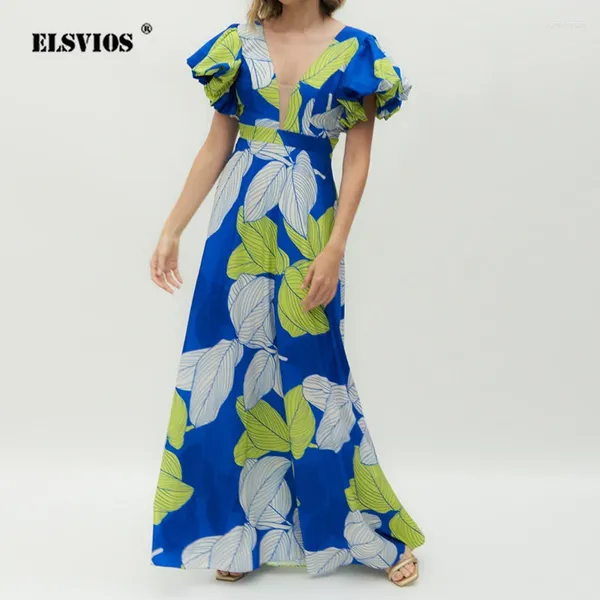 Vestidos de festa primavera/verão 2024 moda feminina vestido roupas ins temperamento folhas fundo azul impressão com decote em v manga bolha