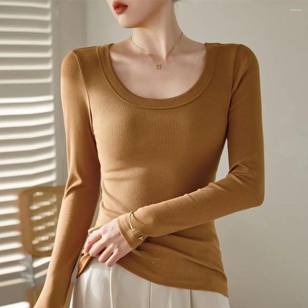 Damen-T-Shirts Thread U-Ausschnitt Langarm-T-Shirt für 2024 Herbst/Winter Slim Fit und Schlankheitsoberteil mit einem Basisshirt in Korea