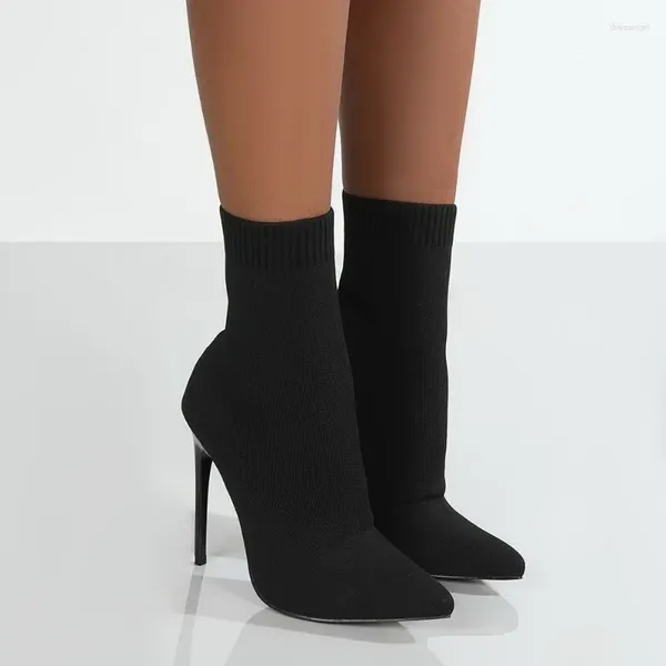 Сапоги, пикантные женские носки с острым носком, вязаная эластичная обувь на тонком высоком каблуке, весна-осень 2024, ботильоны больших размеров