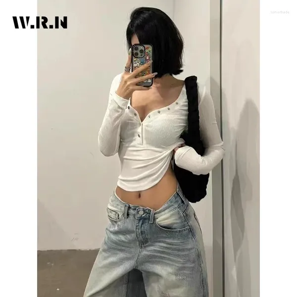 Kadın Tişörtleri Gyaru Seksi Günlük Tek Göğüslü Moda Uzun Kollu V-Neck T-Shirts Tatlı Kulüp Tarzı Kılıf Coquette Tees Tops