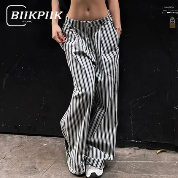 Pantaloni da donna BIIKPIIK Nero Bianco Stampa a righe Donna Moda casual Vita bassa Cargo Pantaloni dritti abbinati Abiti primaverili