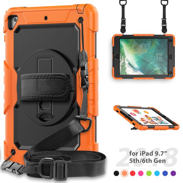 Capa com alça de mão com suporte giratório 360 para iPad 9.7 Pro 9,7 polegadas Air 2 Capa de silicone resistente à prova de choque resistente para crianças Capas para iPad com protetor de tela alças de ombro