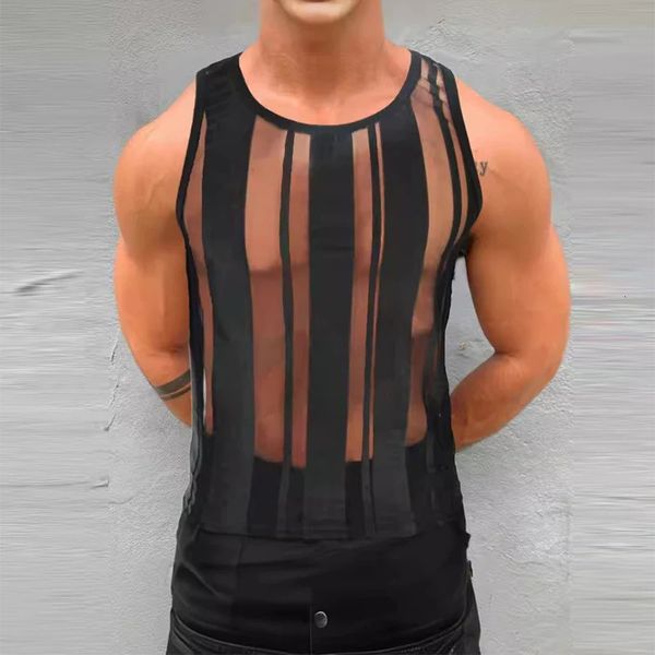 Verão masculino streetwear tank tops sexy transparente oco para fora malha regata masculino elegante fino ajuste sem mangas tripulação pescoço colete 240328