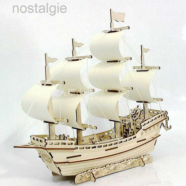 Blocos 3d quebra-cabeça de madeira ming navio mercante jigsaw blocos de construção modelo diy barco à vela crianças brinquedos para crianças presente decoração de casa 240401