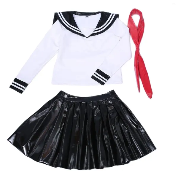 Bras conjuntos 3 pçs / set brilhante saia plissada de manga comprida blusa de marinheiro cosplay estudante espelho falso couro role play splicing babados minifalda