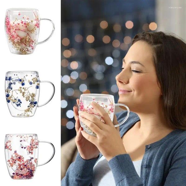 Bicchieri da vino Tazza in vetro a doppia parete da 350 ml con manico Decorato con fiori secchi Tazza da caffè da latte Tazze da tè resistenti al calore Forniture da cucina