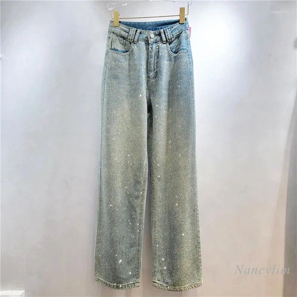 Frauen Jeans 2024 Frühling Glänzend Für Frauen INS Mode Schwere Stickerei Bohren Denim Hosen Straße Mopp Breite Bein Hosen