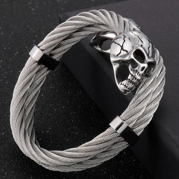 Crânio torcido cabo aberto manguito pulseira para homens de aço inoxidável pulseiras punk rockers jóias acessórios elástico 240327