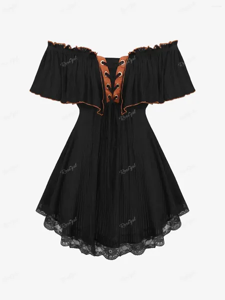 Mulheres Camisetas Rosegal Plus Size Off The Ombro Lace Up Texturizado Camisetas Preto Lace-Trim Ruffles Painel Mangas Curtas Top Mulheres Casual