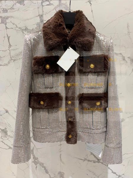 Giacche da donna Arrivo 2024 Abiti invernali caldi Cappotto marrone da donna alla moda Giacca casual con collo in pelliccia caffè con bottoni