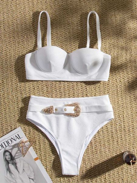 Damen-Bademode, sexy Strass-Bikini-Set mit hoher Taille, 2023, Damen-Bikini-Set, einfarbig, weiß, schwarz, Push-up-Unterwäsche, Badeanzug, Badeanzug mit Knöpfen, J240330