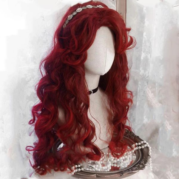 Wigs Houyan Sintesi rossa lunghe lunghi capelli ricci ondulati cosplay lolita parte parte media parrucca parrucca parrucca parrucca parrucca parrucca