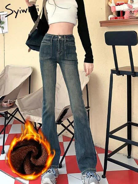 Женские джинсы Syiwidii бархатные с высокой талией для женщин 2024 модные тонкие эластичные расклешенные винтажные повседневные потертые брюки полной длины