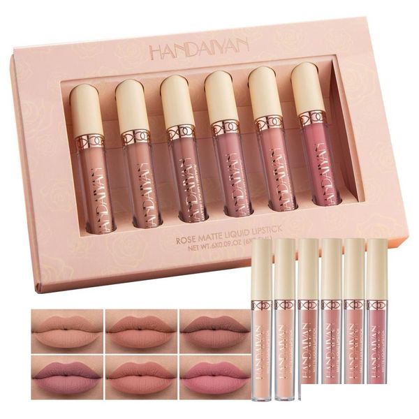 Altri articoli per la salute e la bellezza Handaiyan Lip Gloss 6 pezzi / scatola Veet rossetto opaco Set labbra trucco kit stick nudo cosmetici trucco tinta opaca Dhe4H