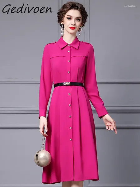 Casual Kleider Gedivoen Herbst Mode Designer Rose Rot Vintage Party Kleid Frauen Laterne Hülse Knopf Schärpen Geraffte Taille Schlank Lange