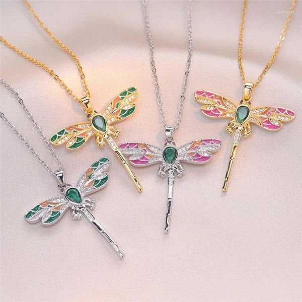 Pingente colares moda zircão colorido libélula colar de aço inoxidável de alta qualidade inseto gargantilha jóias presentes de festa para mulheres meninas